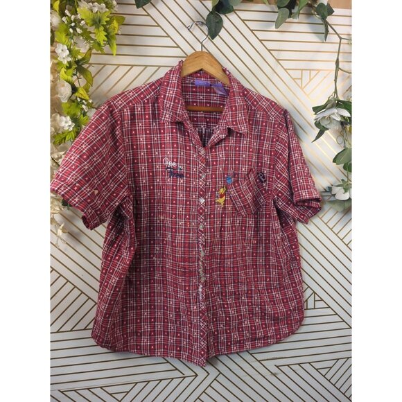 Disney Pooh Plaid Short Sleeve Shirt Y2K  Bee Free Pocket Button Up 22/242W READ - Picture 2 of 8